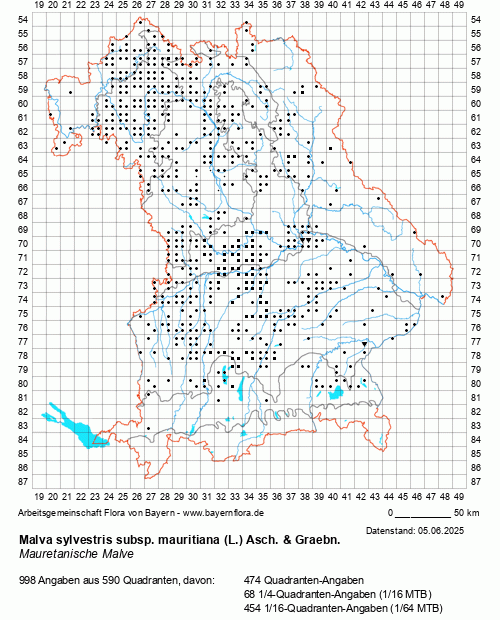 Die Verbreitungskarte zu Malva sylvestris subsp. mauritiana (L.) Asch. & Graebn. wird geladen ...