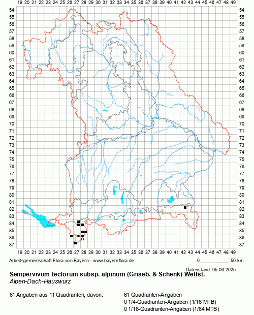 Die Verbreitungskarte zu Sempervivum tectorum subsp. alpinum (Griseb. & Schenk) Wettst. wird geladen ...