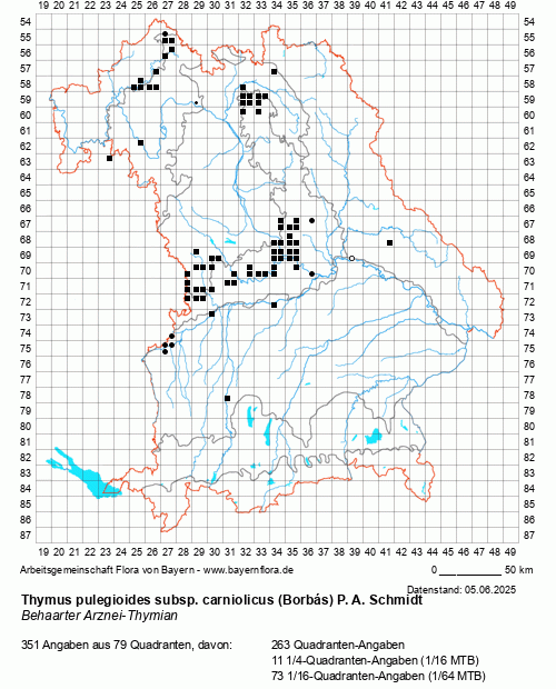 Die Verbreitungskarte zu Thymus pulegioides subsp. carniolicus (Borbás) P. A. Schmidt wird geladen ...