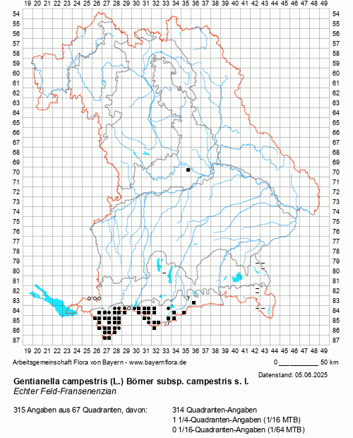 Die Verbreitungskarte zu Gentianella campestris (L.) Börner subsp. campestris s. l. wird geladen ...