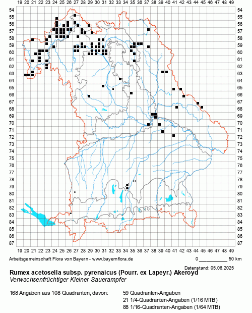 Die Verbreitungskarte zu Rumex acetosella subsp. pyrenaicus (Pourr. ex Lapeyr.) Akeroyd wird geladen ...