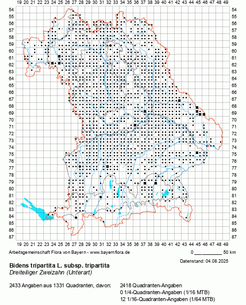 Die Verbreitungskarte zu Bidens tripartita L. subsp. tripartita wird geladen ...